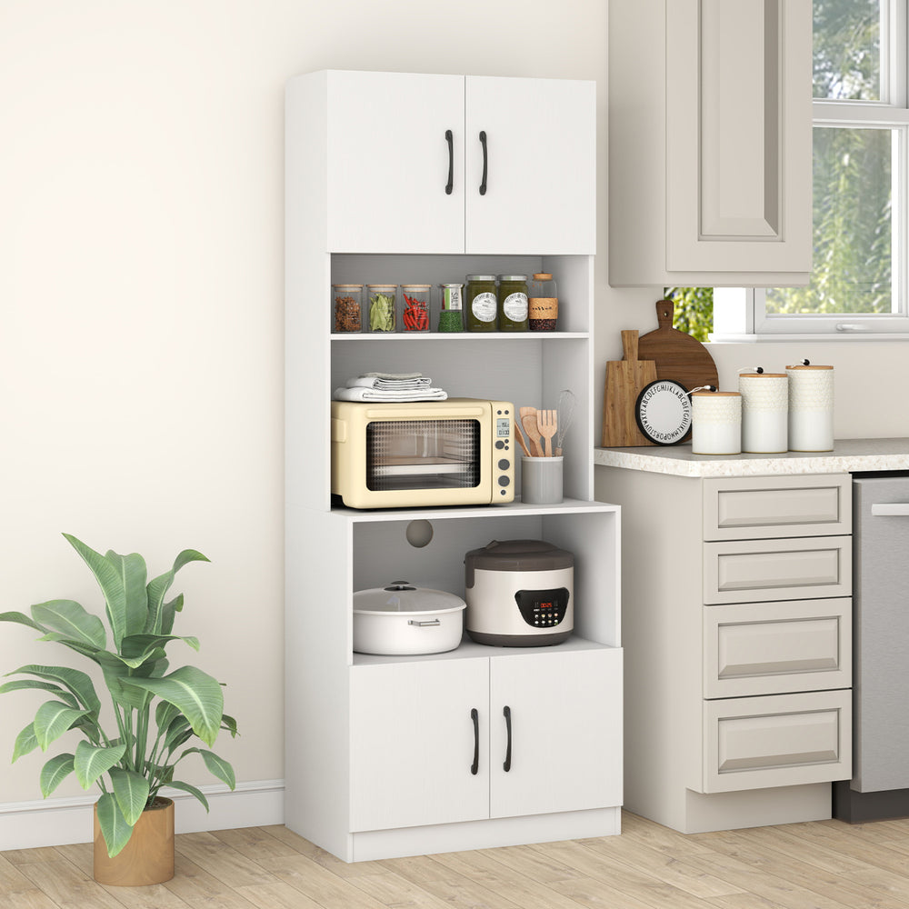 66-inch white kitchen pantry cabinet with adjustable shelves, charging station, and open storage for microwave and.