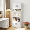 66-inch white kitchen pantry cabinet with adjustable shelves and built-in charging station for dining room organization.