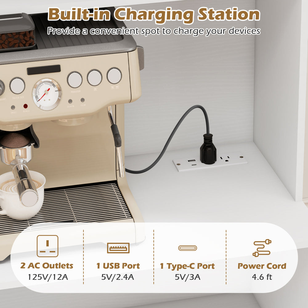 Kitchen pantry cabinet with built-in charging station, adjustable shelves, and soft-close hinges for dining room use.