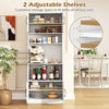 66-inch white kitchen pantry cabinet featuring adjustable shelves, charging station, and open storage for easy access.