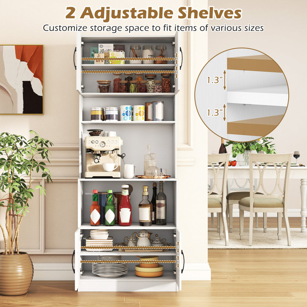 66-inch white kitchen pantry cabinet featuring adjustable shelves, charging station, and open storage for easy access.