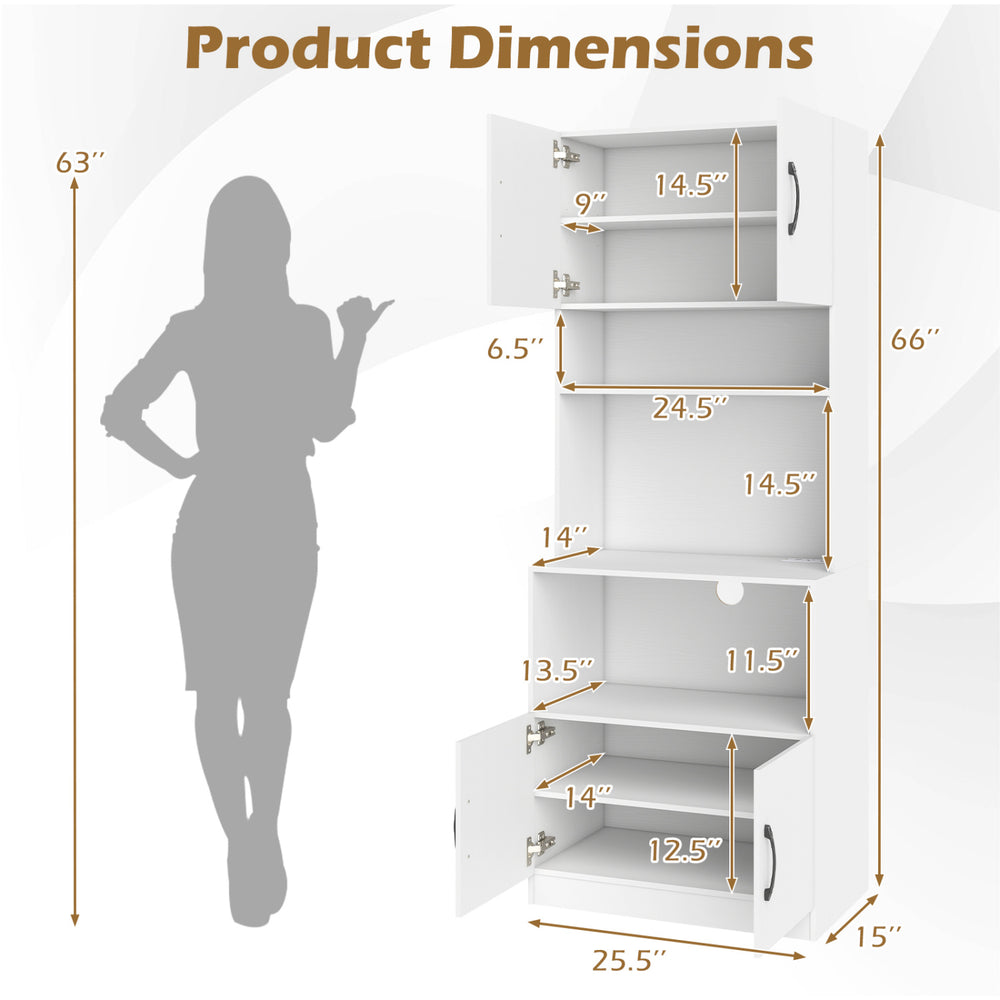 Dimensions of the 66-inch white kitchen pantry cabinet with adjustable shelves and built-in charging station.