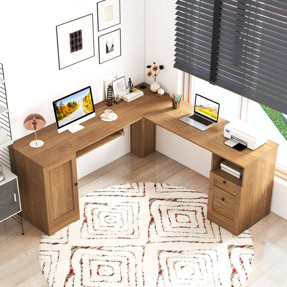 66 Inch L-Shaped Computer Desk-Oak - Gallery View 1 of 10