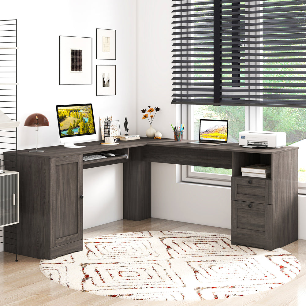 66 Inch L-shaped Computer Desk with Power Outlets-Dark Gray - Gallery View 1 of 10