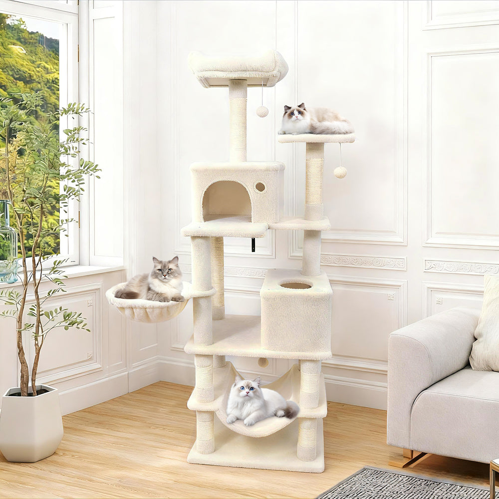 66 Inch Tall Cat Tree Multi-Level Cat Tower with 2 Condos Sisal Scratching Posts-Beige - Gallery View 1 of 10