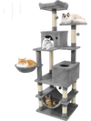 Multi-level 66-inch tall cat tree in light gray with two condos, sisal scratching posts, and cozy perches for lounging.