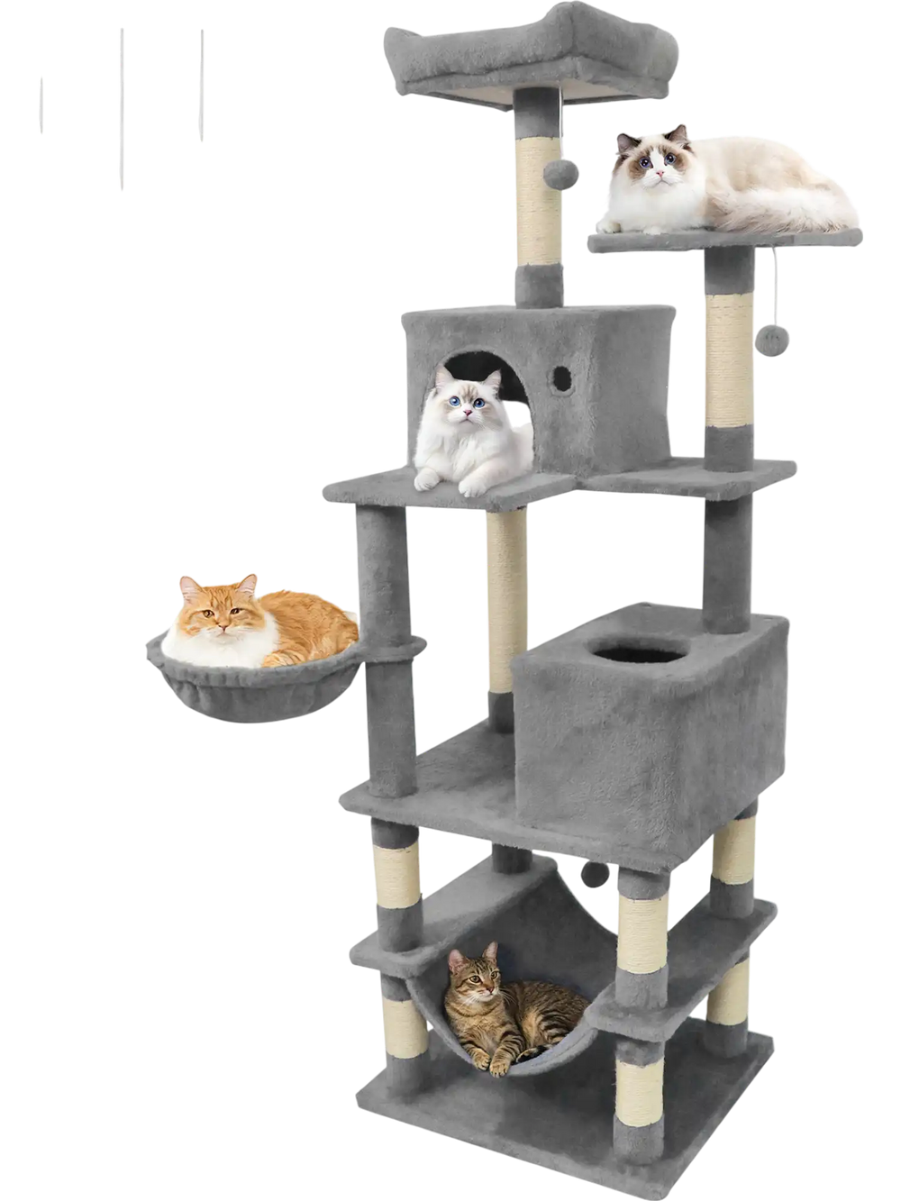Multi-level 66-inch tall cat tree in light gray with two condos, sisal scratching posts, and cozy perches for lounging.