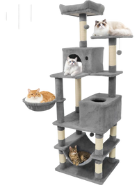 Multi-level 66-inch tall cat tree in light gray with two condos, sisal scratching posts, and cozy perches for lounging.