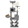 Multi-level 66-inch tall cat tree in light gray with two condos, scratching posts, and plush perches for multiple cats.