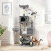 Light gray 66-inch tall cat tree featuring a cozy hammock and two large condos for multiple cats to relax and play.