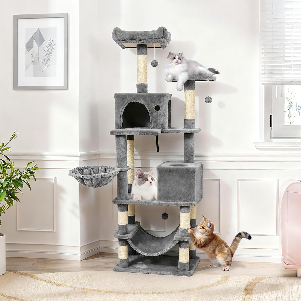 Light gray 66-inch tall cat tree featuring a cozy hammock and two large condos for multiple cats to relax and play.