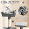 Cozy top perch of a 66-inch tall cat tree in light gray, featuring soft plush fabric and thick padding for lounging.