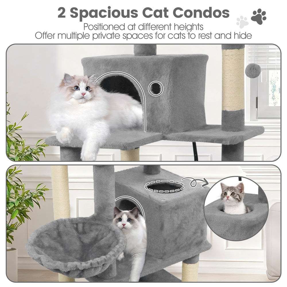 Multi-level cat tree with 2 spacious condos, sisal scratching posts, and soft plush fabric for lounging and hiding.