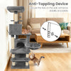 Multi-level 66-inch tall cat tree in light gray with condos, sisal scratching posts, and anti-toppling device for.