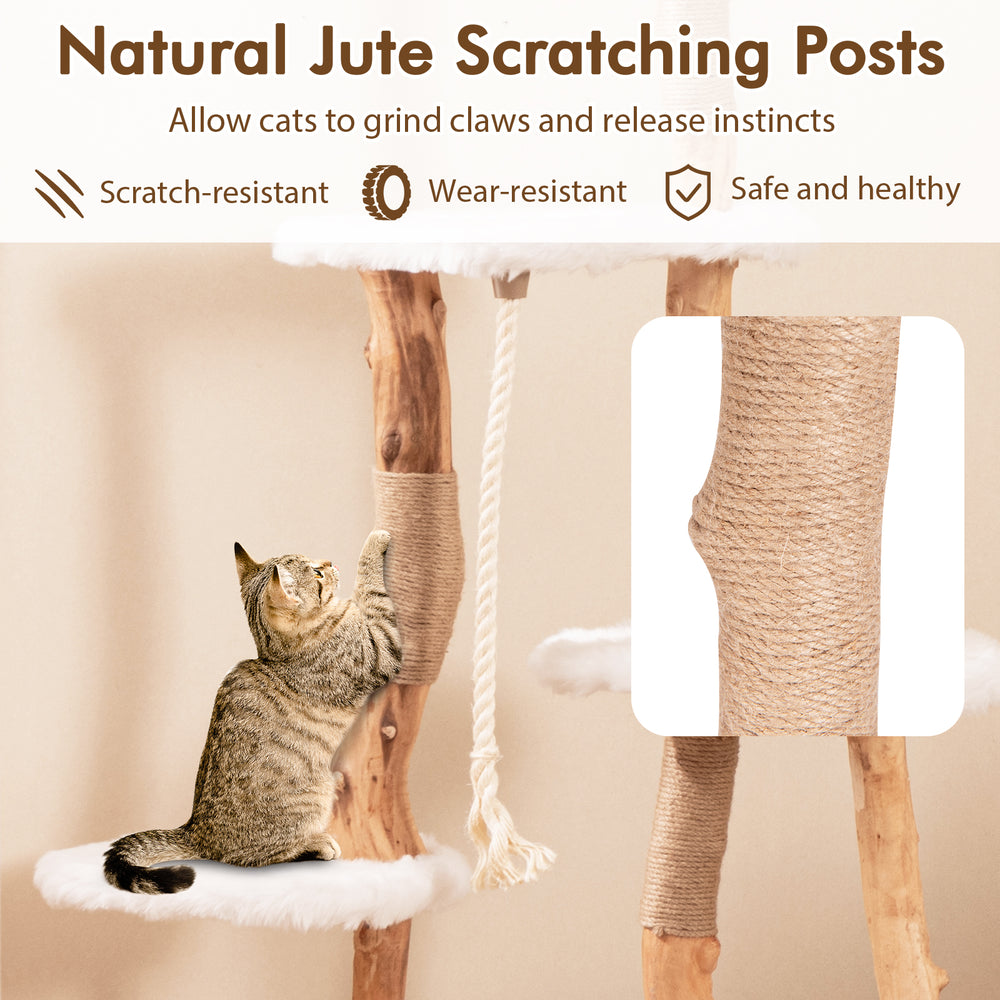 Natural jute scratching posts on a 66-inch tall solid wood cat tree, perfect for scratching and playful lounging.