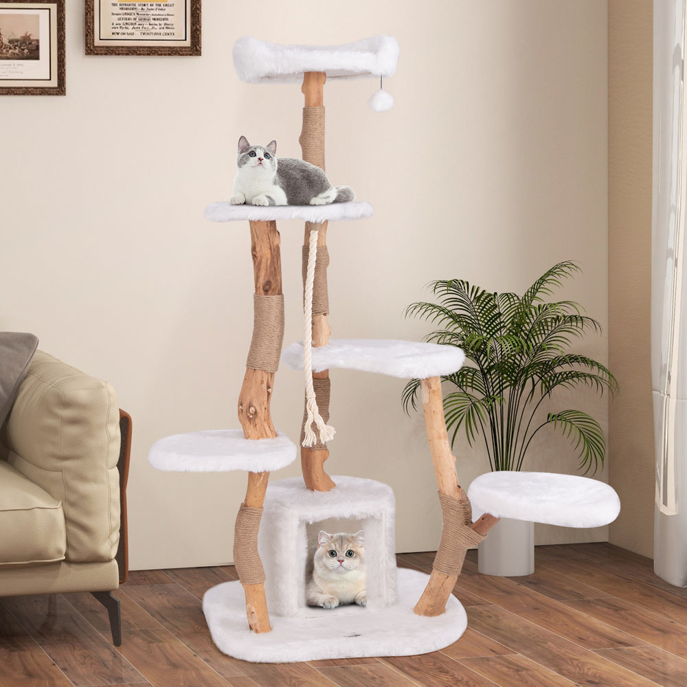 66-inch tall solid wood cat tree in white with multiple platforms, condo, and jute scratching posts for playful.