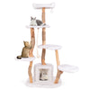 Tall wooden cat tree with plush platforms, jute scratching posts, and a cozy condo for playful and lounging cats.