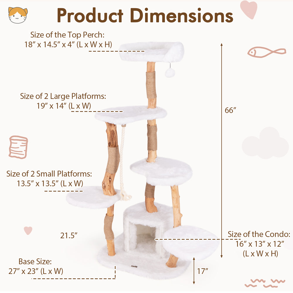 Product dimensions for the 66-inch tall solid wood cat tree with white plush covering and multiple platforms.