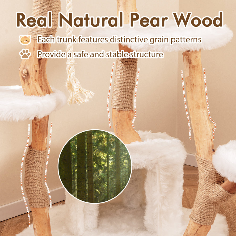 Natural pear wood cat tree with unique grain patterns, featuring plush platforms and jute scratching posts for playful.