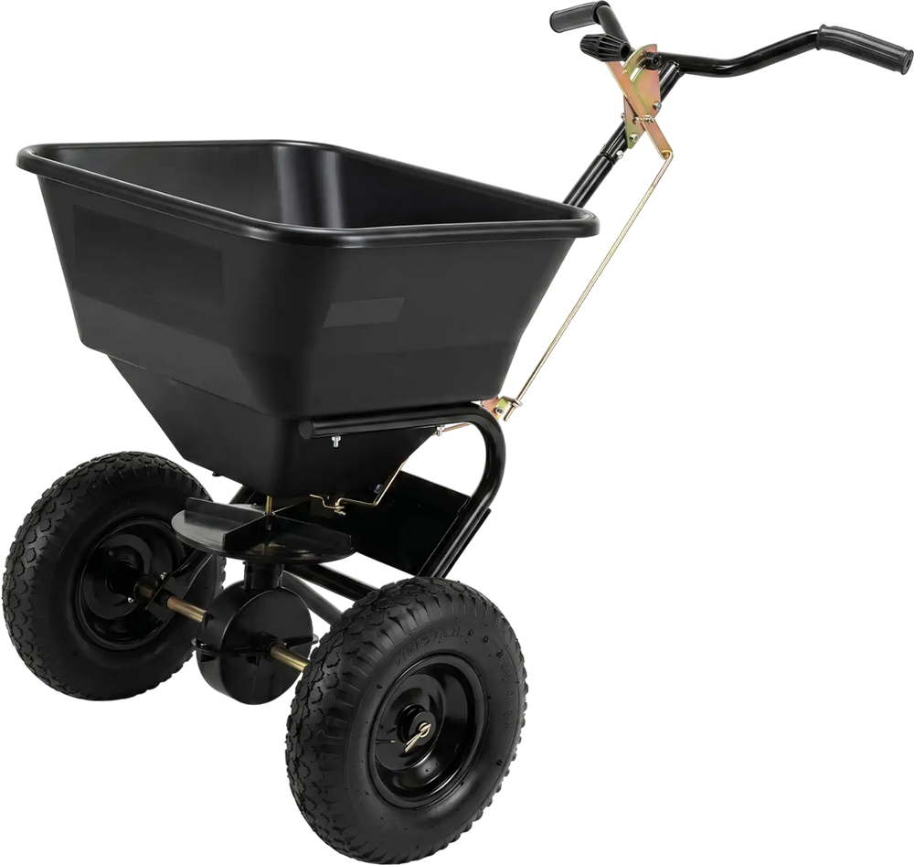 Walk-behind broadcast spreader with a 66 lbs capacity, featuring 13-inch all-terrain tires for efficient lawn and garden tasks.