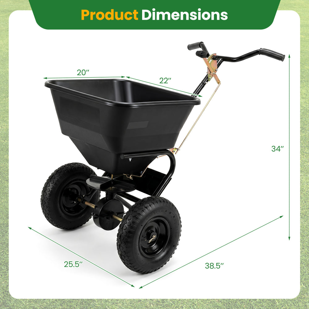 Walk-behind broadcast spreader with a 66 lbs capacity, 13-inch all-terrain tires, and adjustable flow control for efficient spreading.