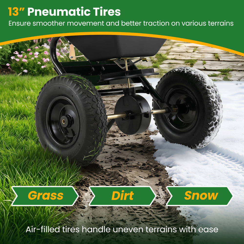 13-inch pneumatic tires provide smooth movement and traction for the 66 LBS walk-behind broadcast spreader on grass, dirt, and snow.