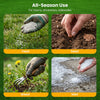 All-season broadcast spreader with 13-inch all-terrain tires for efficient seed, fertilizer, and ice melt application.