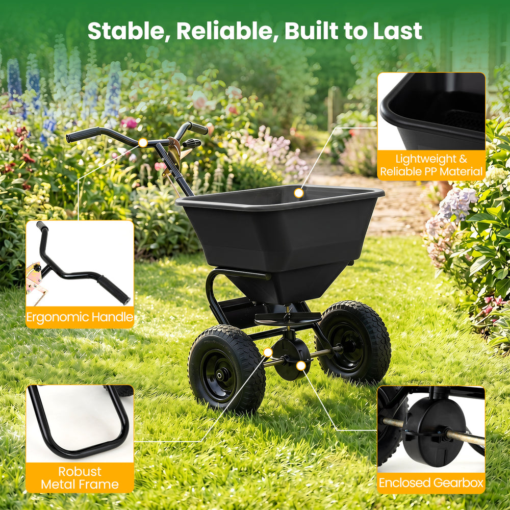Walk-behind broadcast spreader with a 66 lbs capacity, ergonomic handle, and all-terrain tires for efficient lawn care.