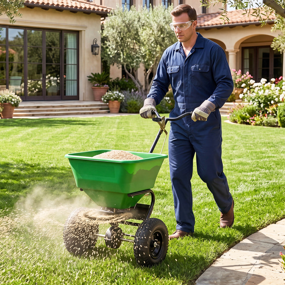 66 LBS Walk-Behind Broadcast Spreader with 13 Inch All-Terrain Tires-Green - Gallery View 1 of 12