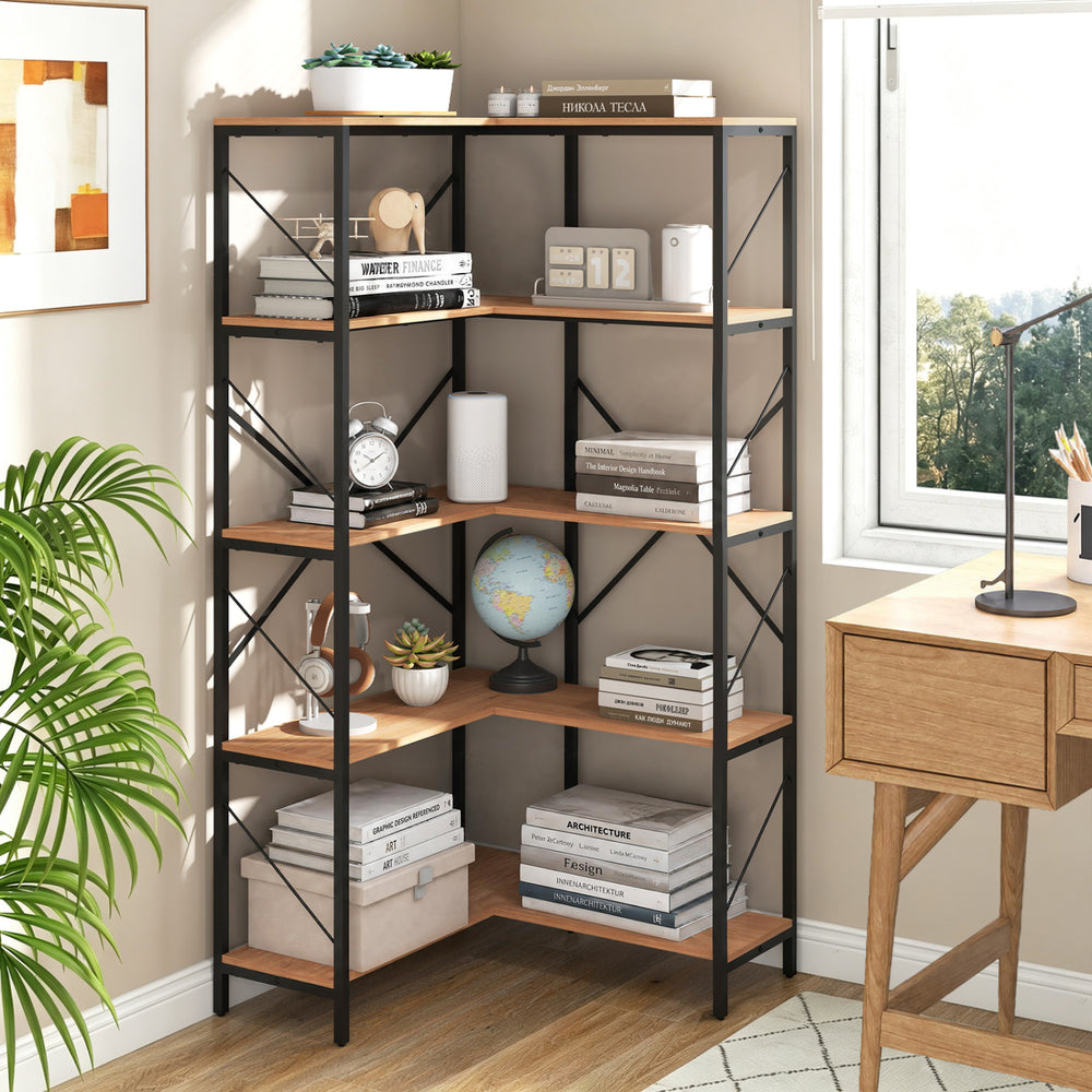 Rustic brown 5-tier L-shaped bookcase with a metal frame, ideal for showcasing plants and decorative items in corners.