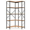 L-shaped 5-tier bookcase in rustic brown with a sturdy metal frame, perfect for corner storage in living rooms or studies.