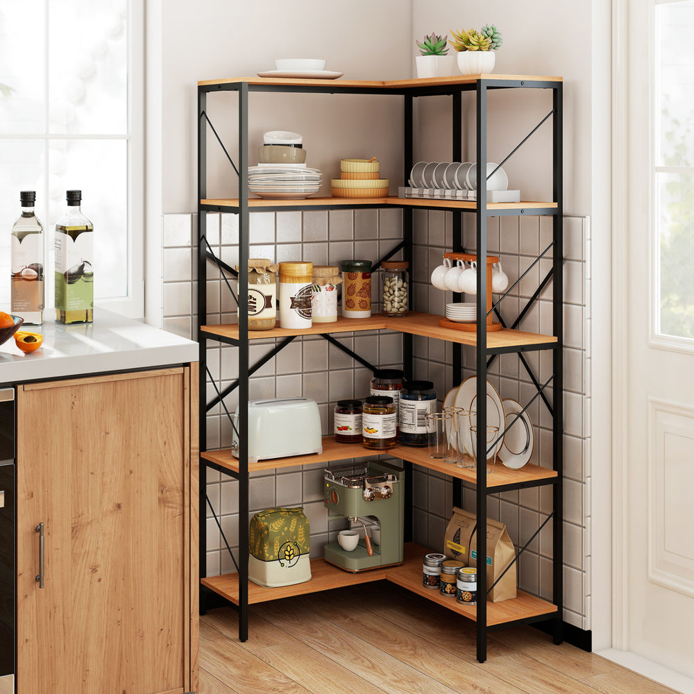 Five-tier L-shaped corner bookshelf in rustic brown with a sturdy metal frame, perfect for maximizing storage in any room.
