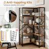 66" tall 5-tier L-shaped bookcase in rustic brown with a metal frame, perfect for corner storage in living rooms.