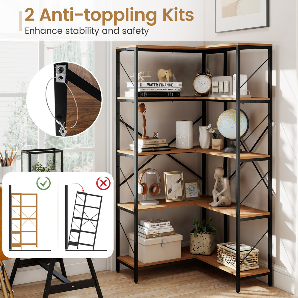 66" tall 5-tier L-shaped bookcase in rustic brown with a metal frame, perfect for corner storage in living rooms.
