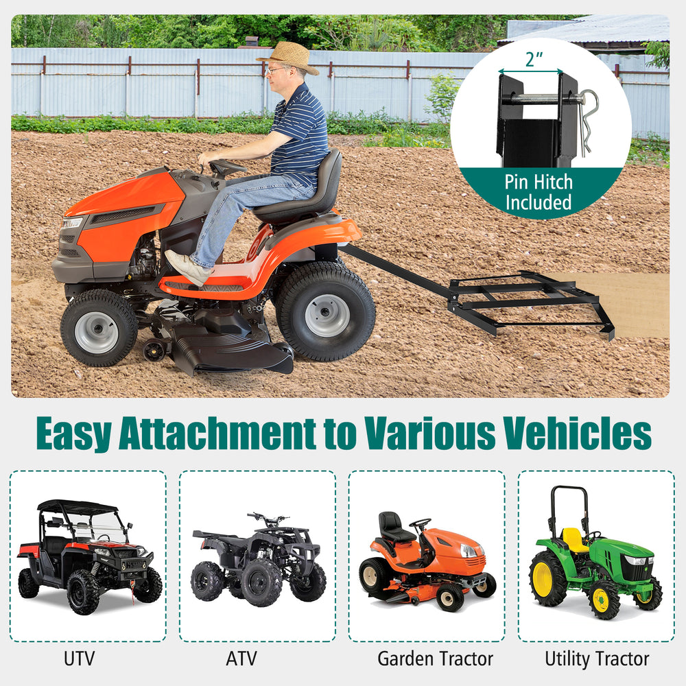 66" wide driveway drag tow behind landscape leveling rake with reinforced bars, ideal for gardens and farms.