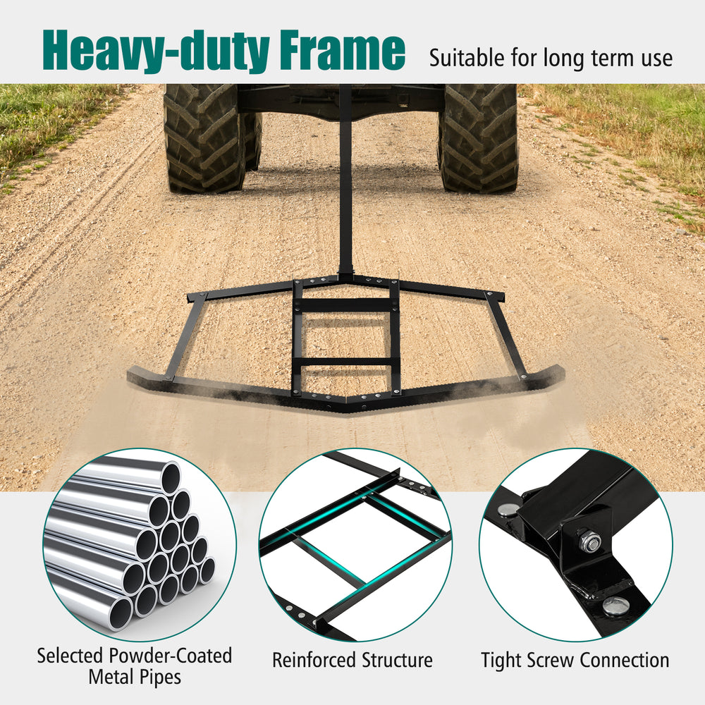 66" wide driveway drag tow behind landscape leveling rake with heavy-duty frame, suitable for gardens and farms.