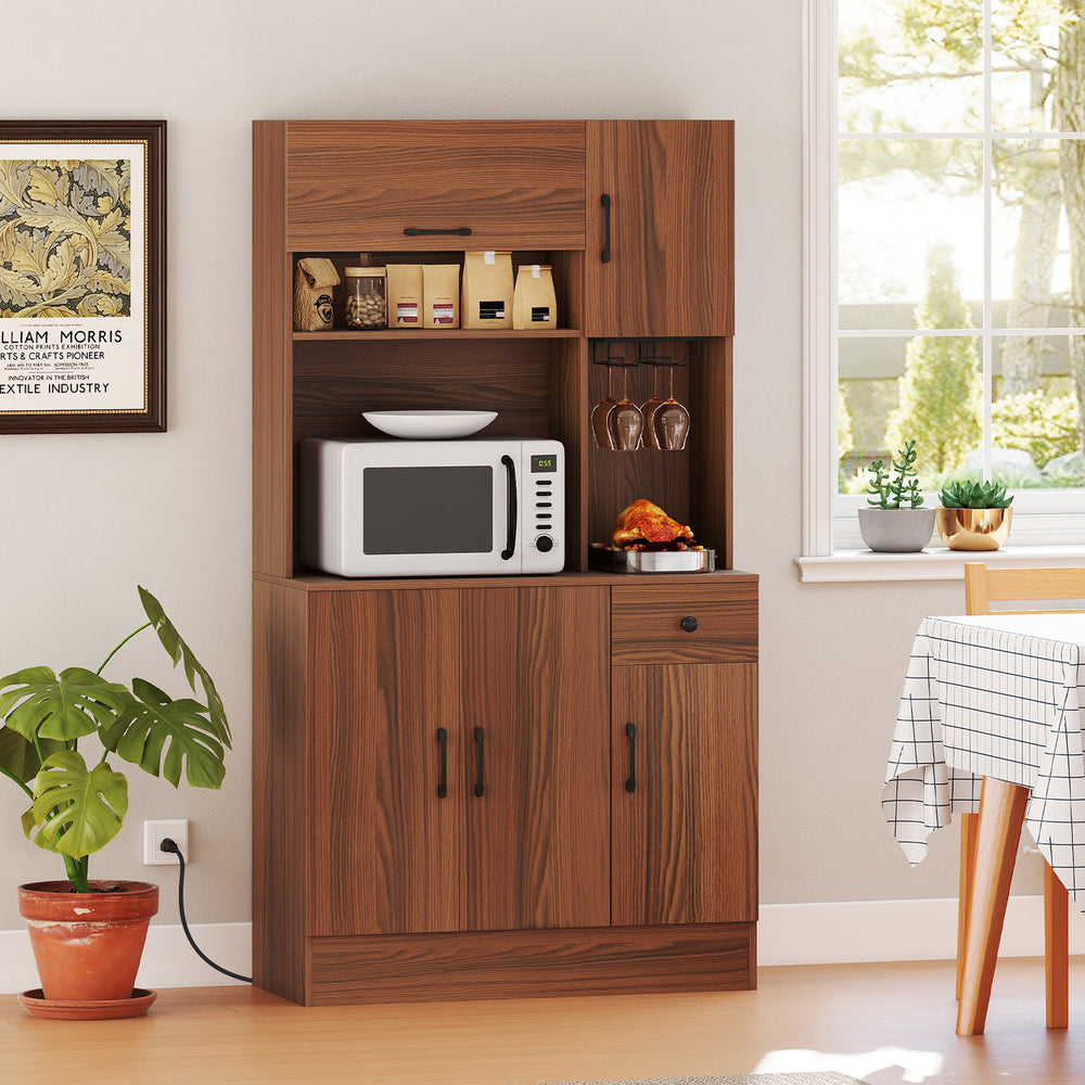 Brown pantry cabinet with a flip-up cabinet, wine glass holder, and ample countertop space for kitchen organization.