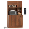 66-inch brown pantry cabinet with charging station, microwave stand, adjustable shelves, and wine glass holder for.