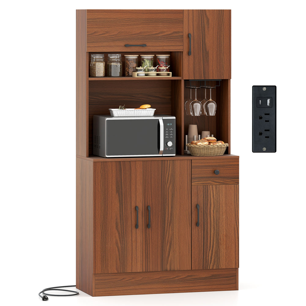 66-inch brown pantry cabinet with charging station, microwave stand, adjustable shelves, and wine glass holder for.