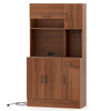66-inch brown pantry cabinet with charging station, open shelf, and adjustable storage for kitchen appliances and.