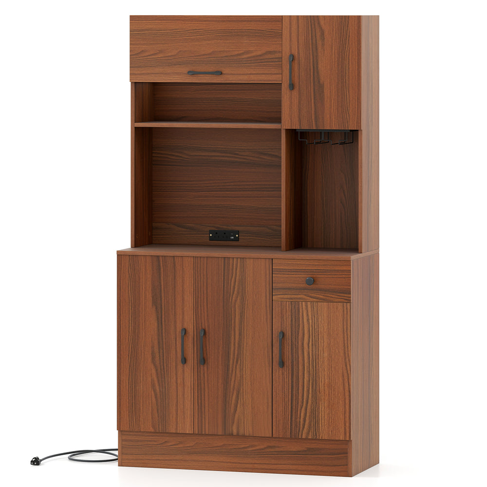 66-inch brown pantry cabinet with charging station, open shelf, and adjustable storage for kitchen appliances and.