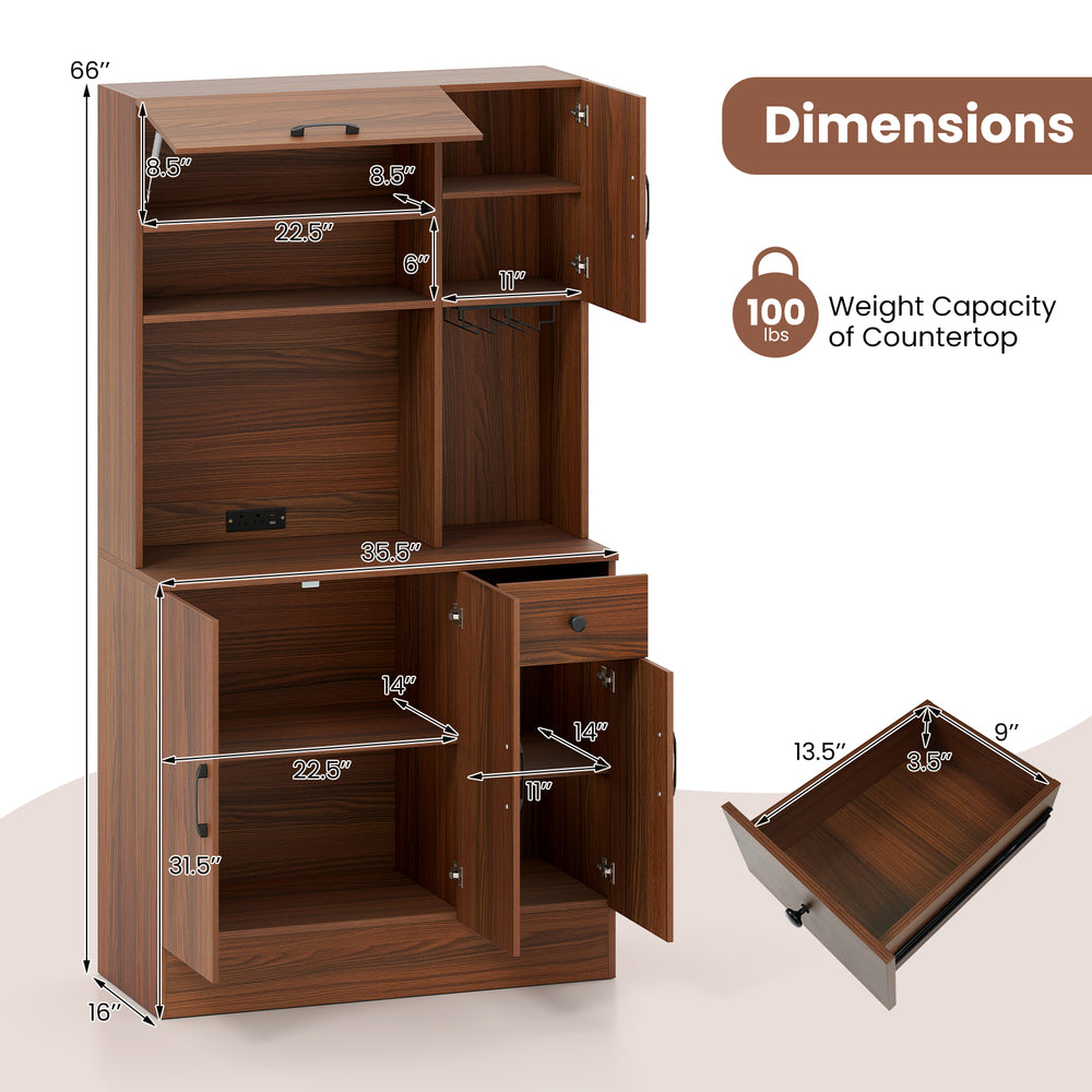 66-inch brown pantry cabinet with charging station, adjustable shelves, and wine glass holder for versatile kitchen.