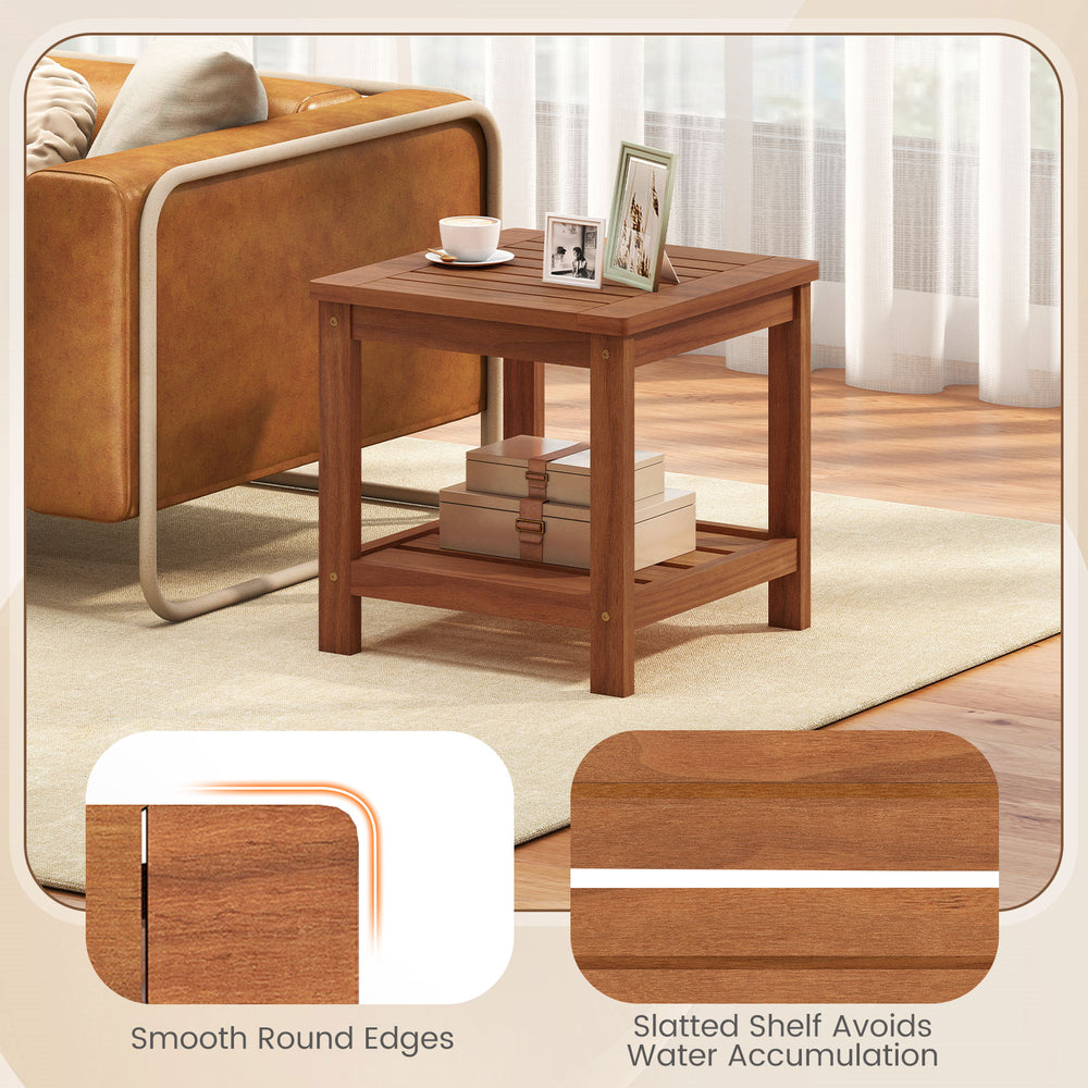 2-tier outdoor side table in solid wood with slatted shelf, smooth finish, ideal for patio or garden use.