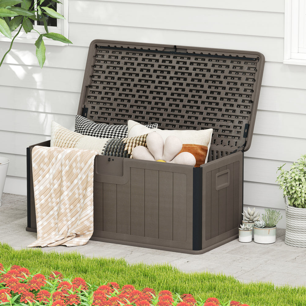 100 Gallon Large Deck Box with Lockable Lid for Patio-Brown - Gallery View 1 of 10