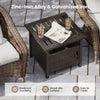 Square outdoor side table in brown with 1.93" umbrella hole, made of rustproof zinc-iron alloy and PE wicker for patio.