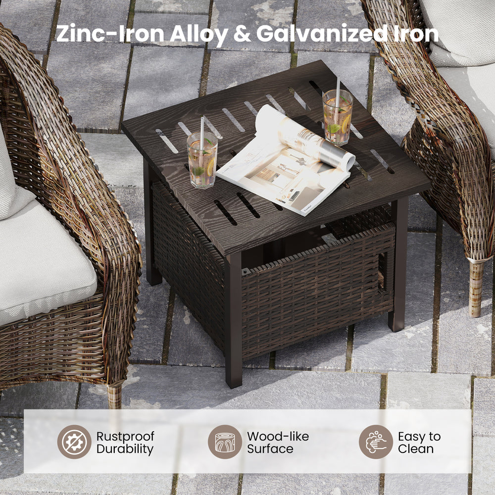 Square outdoor side table in brown with 1.93" umbrella hole, made of rustproof zinc-iron alloy and PE wicker for patio.