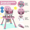 16-in-1 pink baby high chair with activity center, 5-point harness, and anti-falling baffle for safety and versatility.