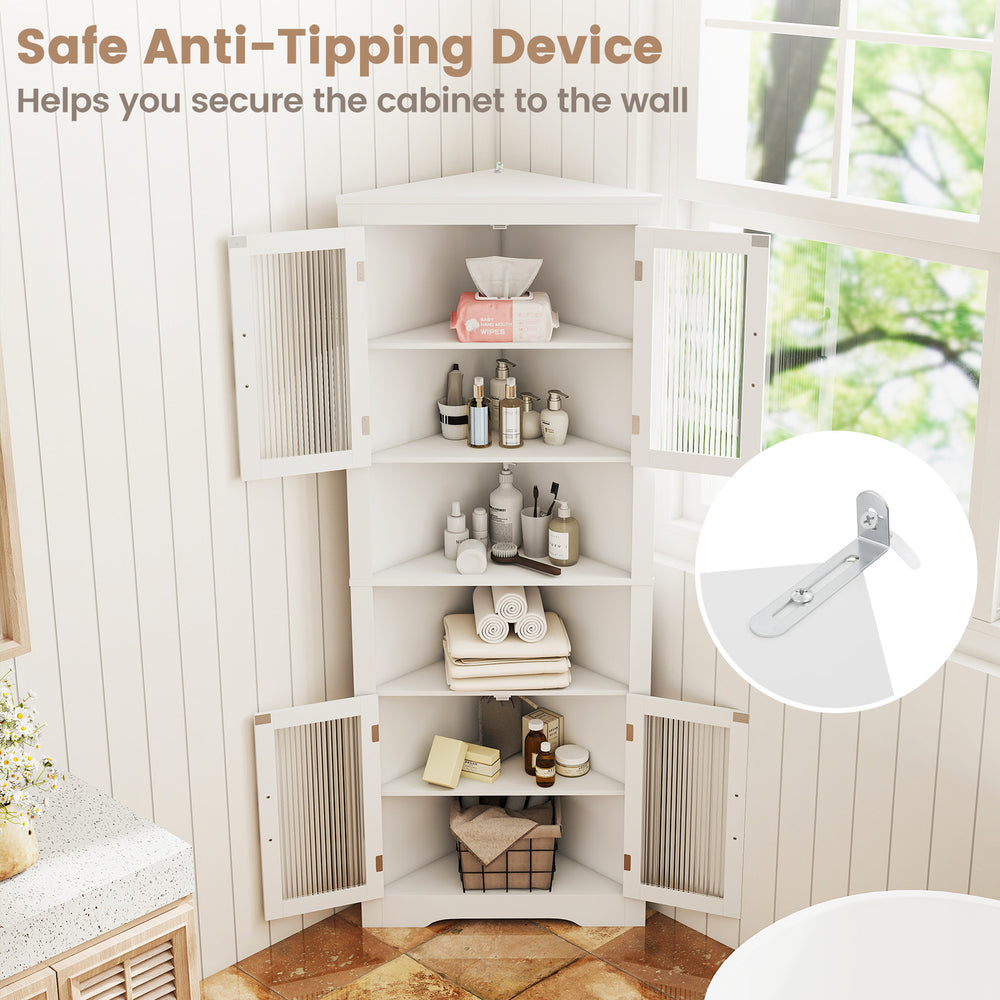 67-inch tall white corner cabinet with tempered glass doors, featuring adjustable shelves and an anti-tipping device.