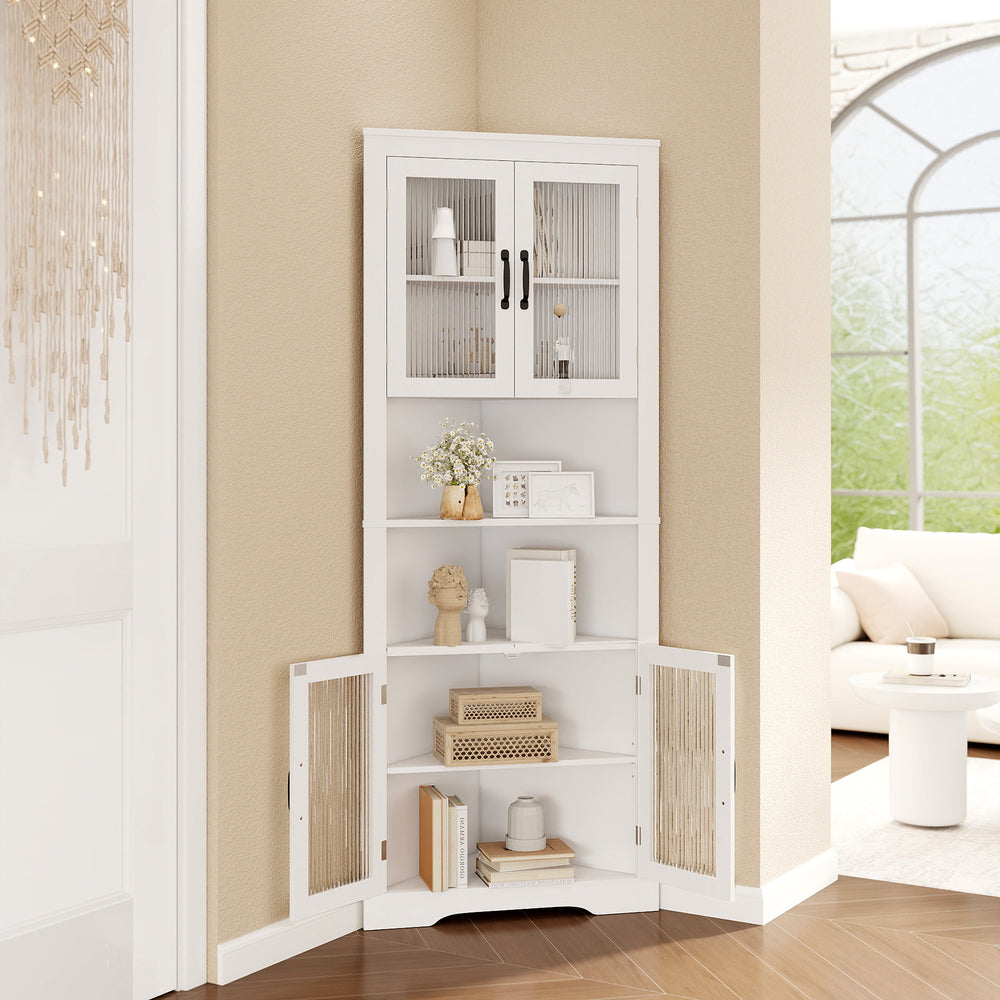 67-inch tall corner cabinet in white with a smooth surface and tempered glass doors, perfect for stylish storage in any.