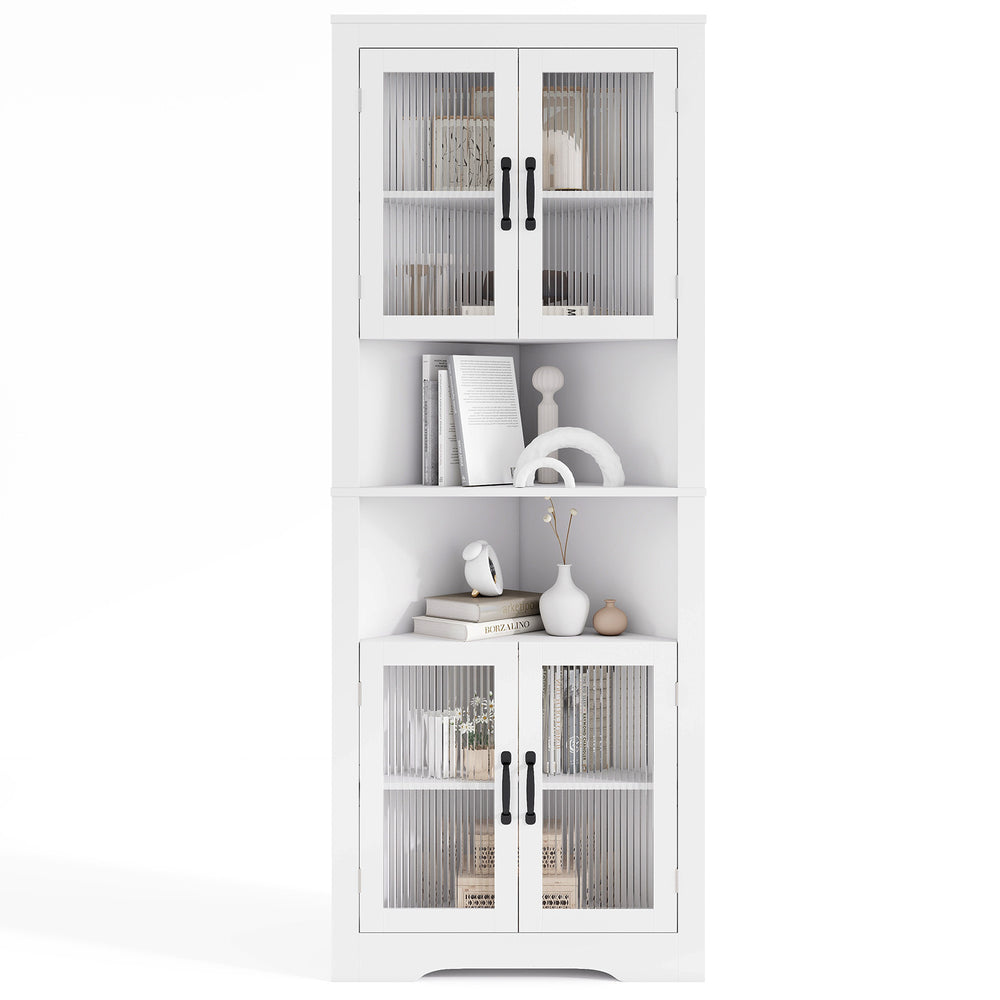 67-inch tall white corner cabinet with tempered glass doors, featuring 2 cabinets and 2 open shelves for versatile.